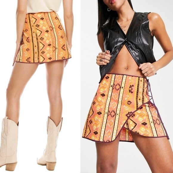 NWT FREE PEOPLE Woodblock Design Print Faux Wrap Tie Side Mini Skirt Size XS - Picture 6 of 14